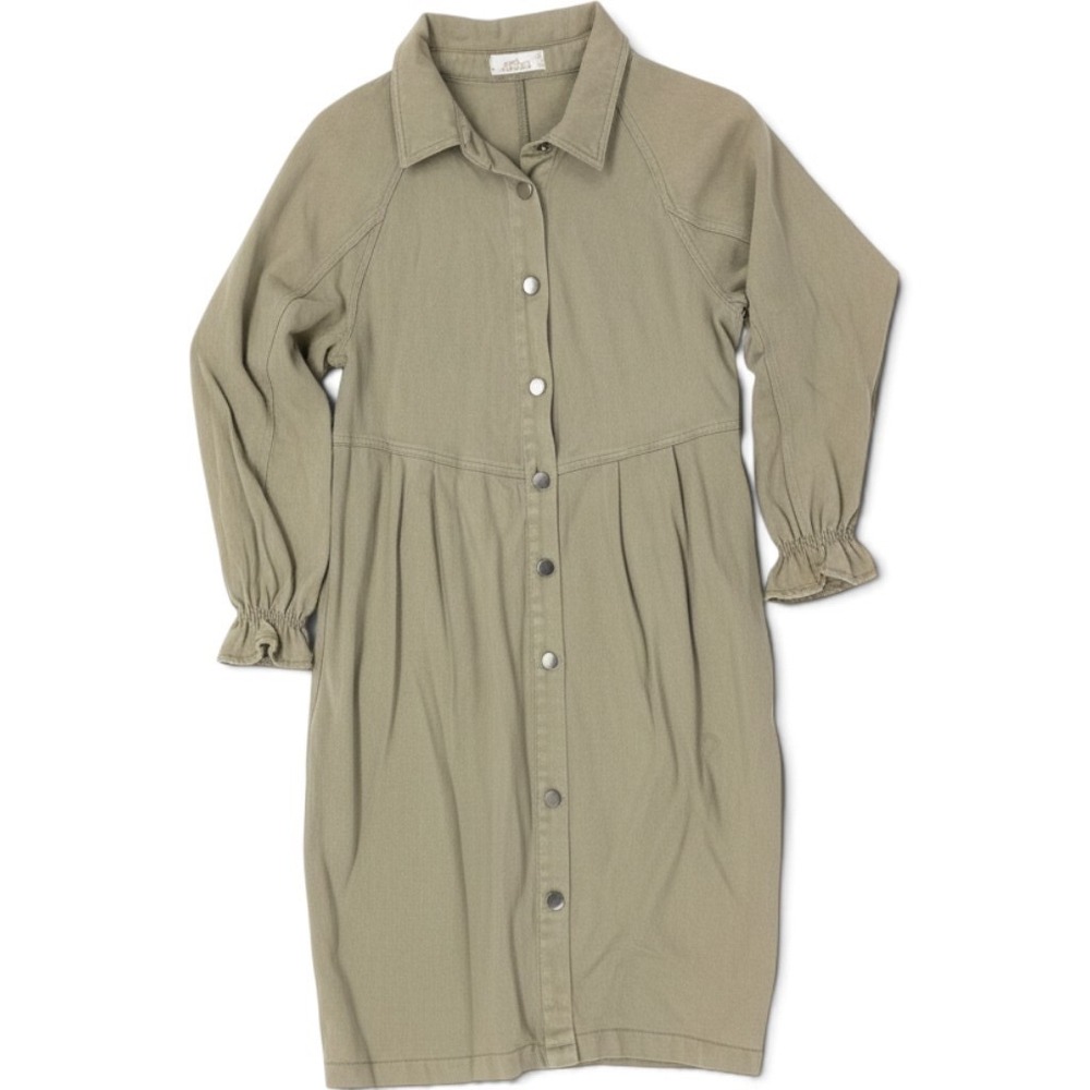Sunland 17 Womens Olive Green Cotton Twill Snap Front Ruffle Cuff Dress M Utilty